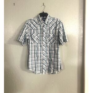 Wrangler Men’s Pearl Snap Shirt Short Sleeve Sm Blue and Grey Country Western